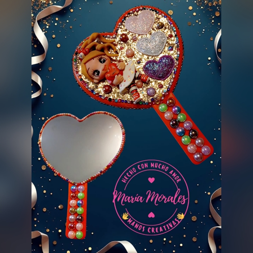 Heart-Shaped Hand Mirror with Colorful Beads